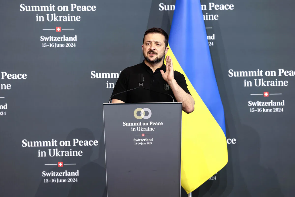 Ukrainian President Volodymyr Zelenskyy attends the closing press conference during the Summit on Peace in Ukraine, in Lucerne, Switzerland, on June 16, 2024. (Sedat Suna/Getty Images)