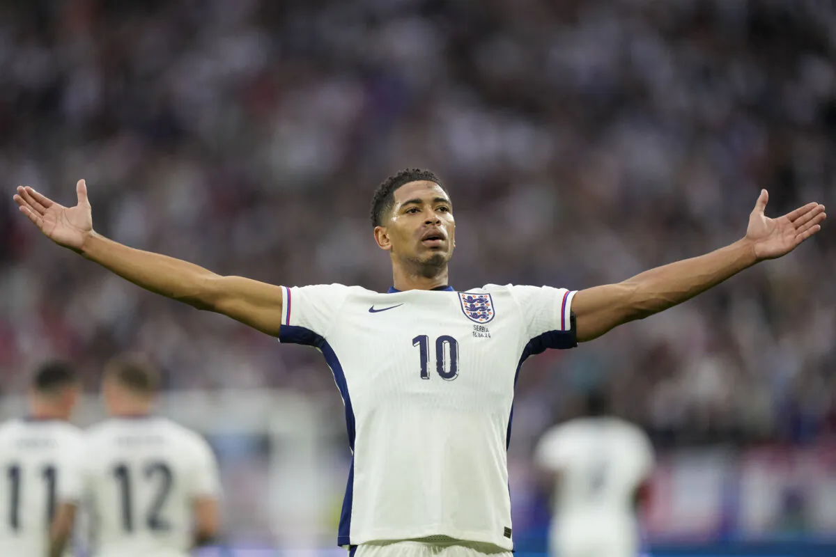 England's Jude Bellingham celebrates after scoring the opening goal during a Group C match between Serbia and England at the Euro 2024 soccer tournament in Gelsenkirchen, Germany, on June 16, 2024. (Martin Meissner/AP Photo)