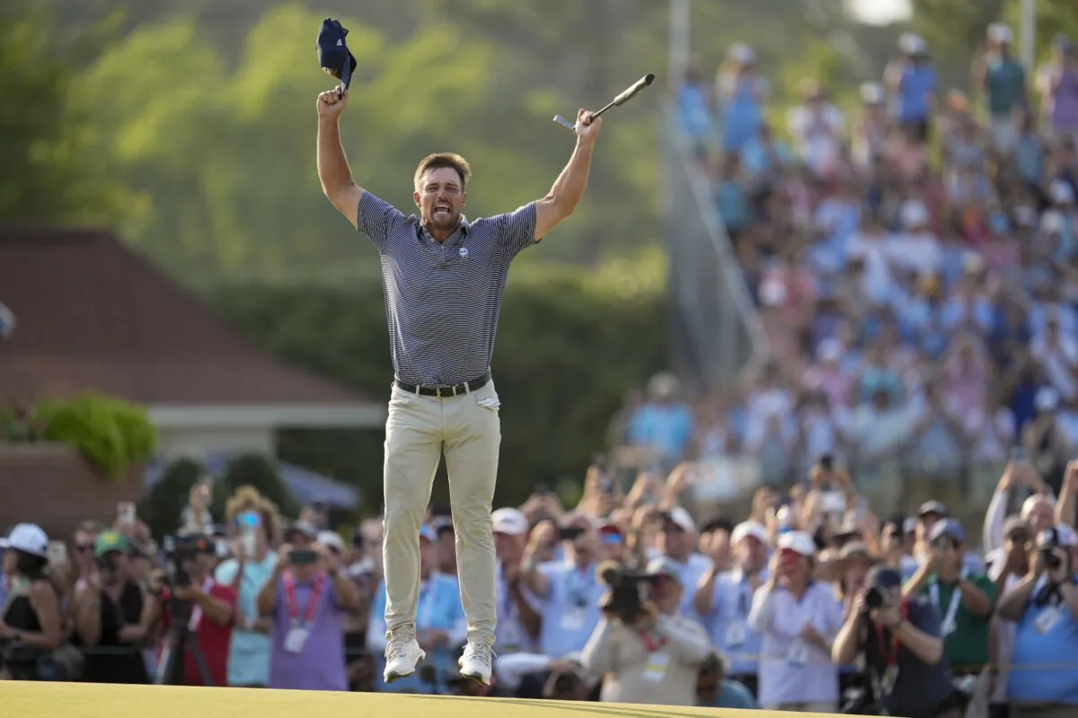 Bryson DeChambeau celebrates after winning the U.S. Open golf tournament in Pinehurst, N.C., on June 16, 2024. (George Walker IV/AP Photo)