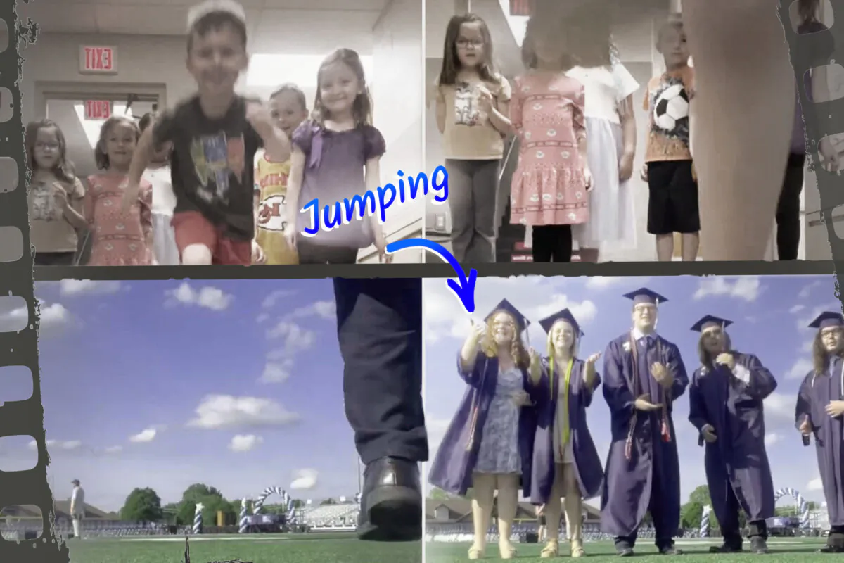 A screen capture from a video posted on social media by Louisville City Schools shows students taking a symbolic leap to become graduates. (Courtesy of Louisville City Schools (Louisville, OH))
