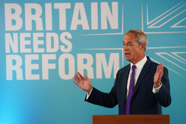 Reform UK leader Nigel Farage launches 'Our Contract with You' while on the General Election campaign trail in Merthyr Tydfil, Wales, on June 17, 2024.(Ben Birchall/PA Wire)