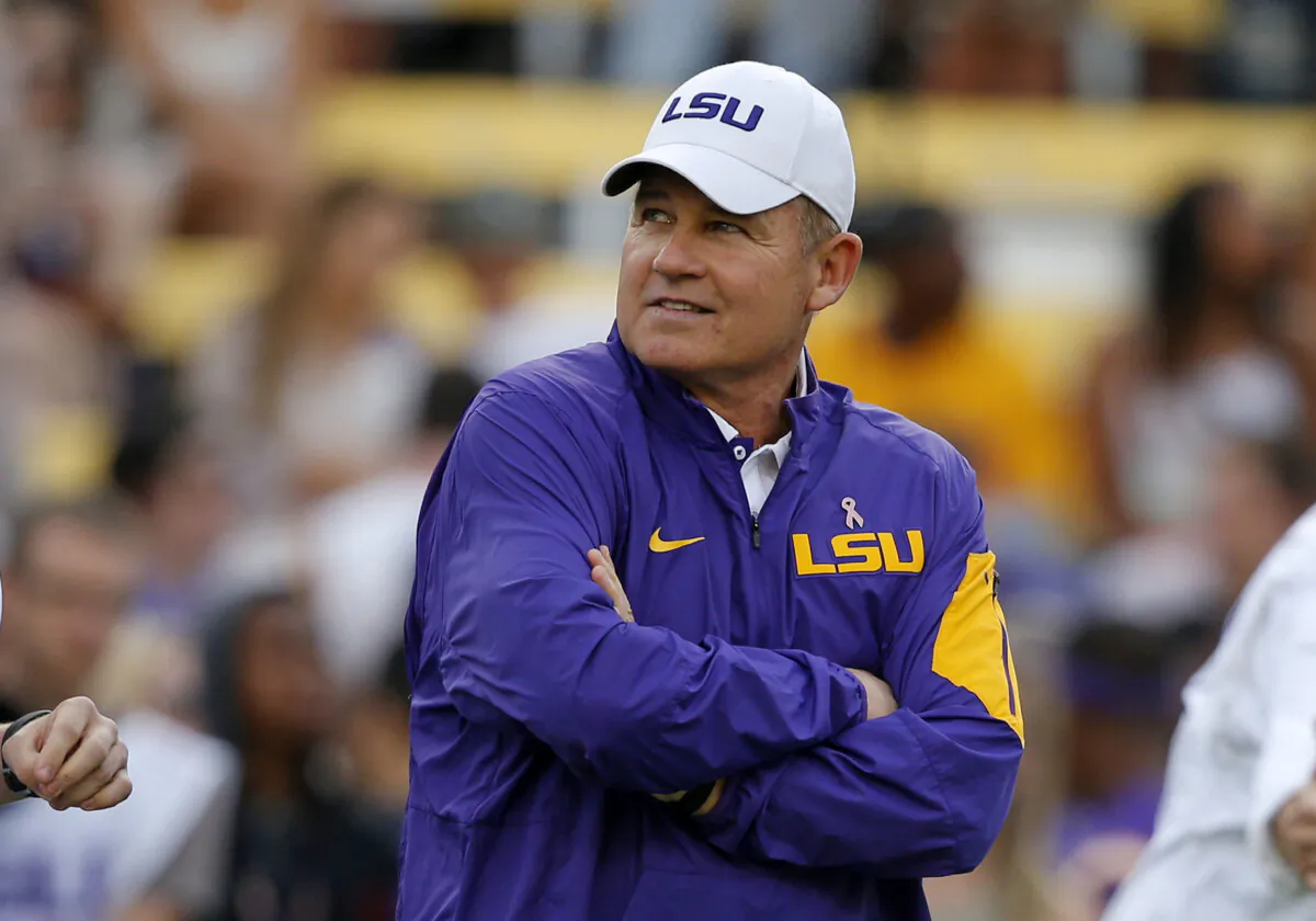 LSU football Coach Les Miles watches his team warm up before a game against Florida in Baton Rouge, La., on Oct. 17, 2015. (Gerald Herbert/AP Photo)