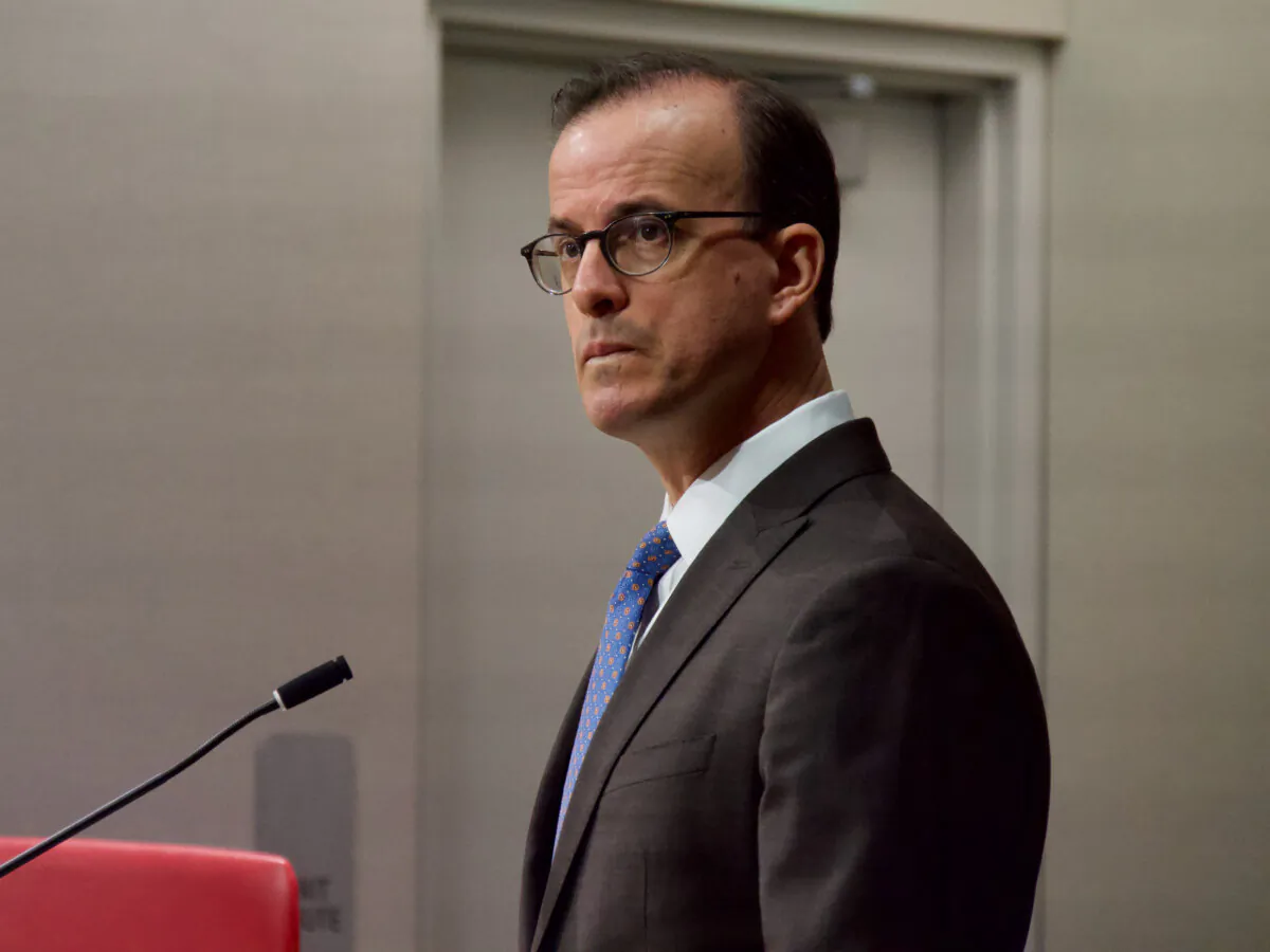 Assemblyman Marc Berman listens to witness testimony while presenting his Assembly Bill 3209 to the Senate's Appropriations Committee at the Capitol in Sacramento, Calif., on June 17, 2024. (Travis Gillmore/The Epoch Times)