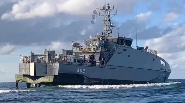 The RFNS Puamau, which has run aground on a reef near Fulaga Island. (Courtesy Fiji Ministry of Home Affairs)