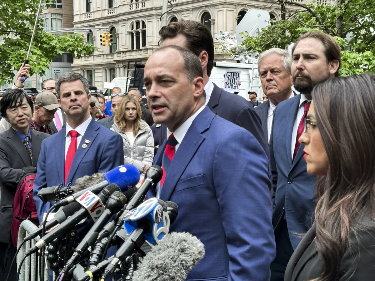 Rep. Bob Good (R-Va.) expresses support for former President Donald Trump outside Manhattan Criminal Court in New York City on May 16, 2024. (Juliette Fairley/The Epoch Times)