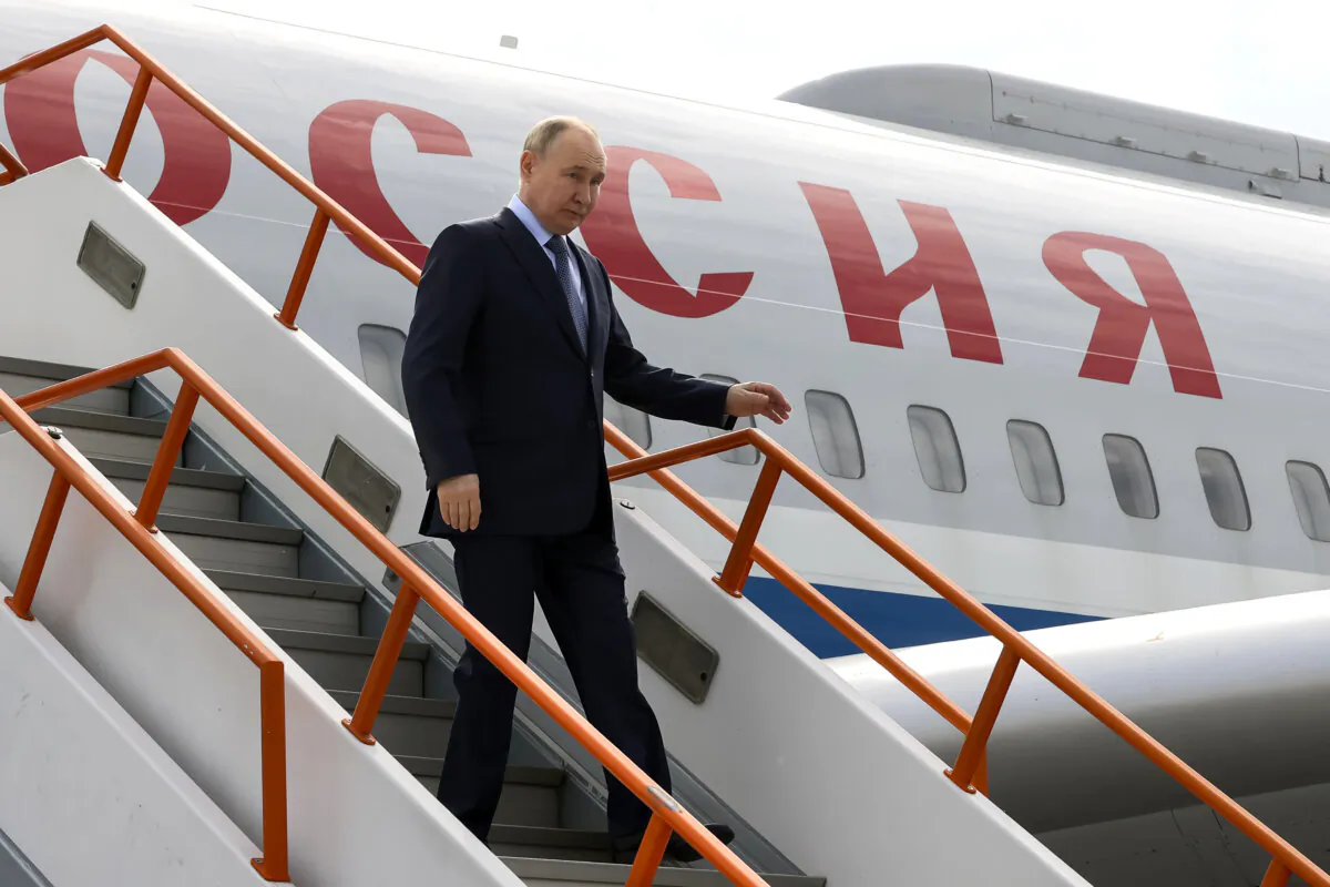 Russian President Vladimir Putin arrives at the airport of Yakutsk, in Russia Far East, on June 18, 2024. (Sergei Karpukhin/Kremlin Pool Photo via AP)