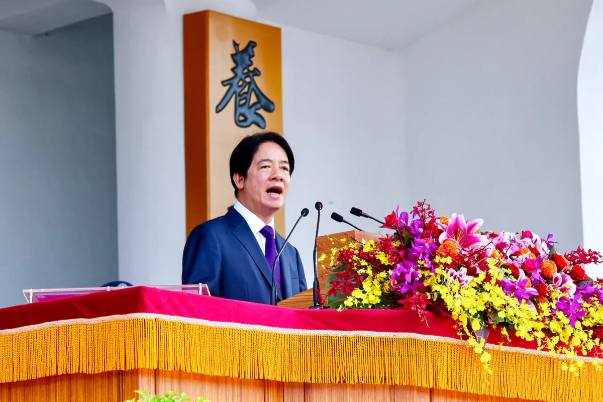 Taiwanese President Lai Ching-te speaks at the Republic of China Military Academy during the academy's 100th anniversary ceremony in Kaohsiung, Taiwan, on June 16, 2024. (Sam Yeh/AFP via Getty Images)