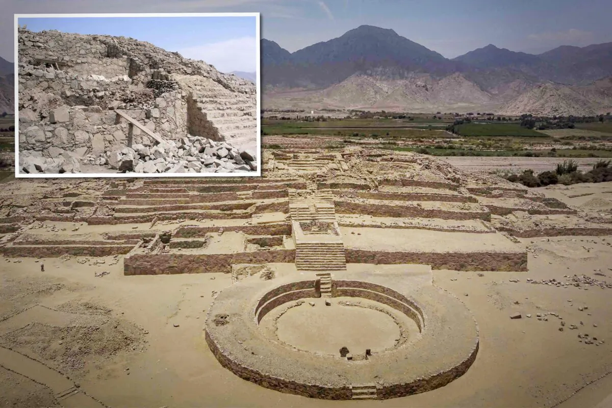 The sacred city of Caral in Peru existed when the Egyptian pyramids were being built. (Illustration by The Epoch Times, Håkan Svensson Xauxa/CC BY-SA 3.0 DEED, Shutterstock)