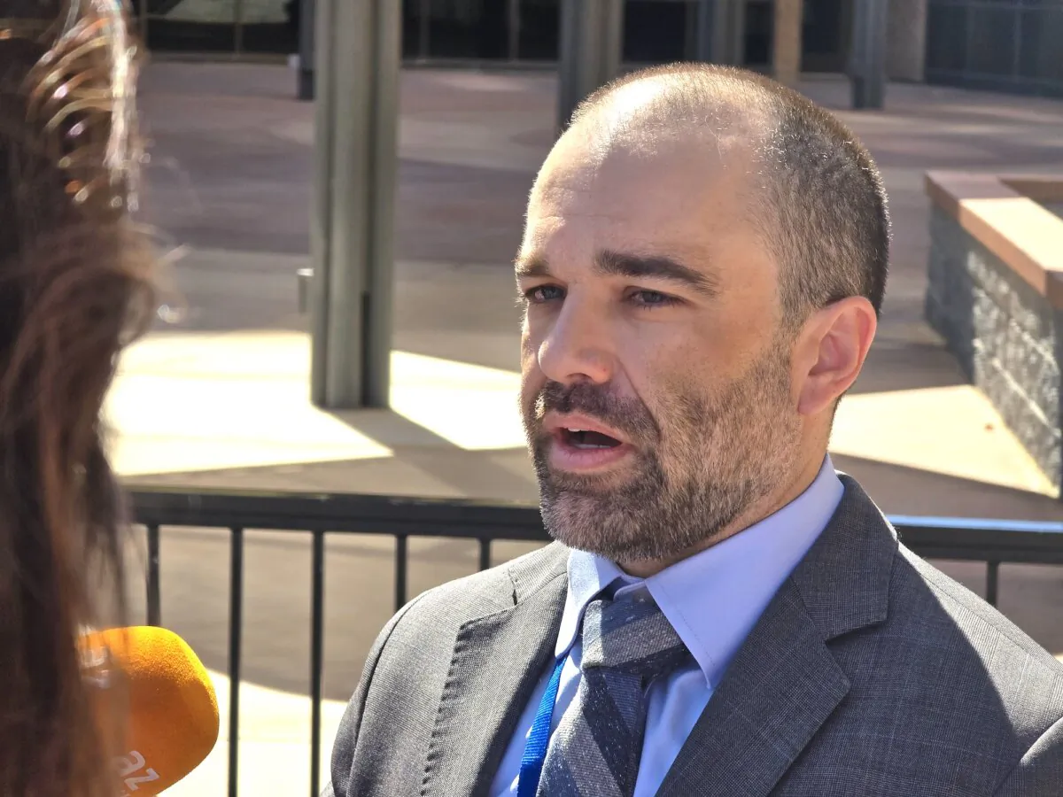 Arizona state prosecutor Nicholas Klingerman speaks with reporters outside the Maricopa County Superior Court in Phoenix on June 18, 2024. (Allan Stein/The Epoch Times)