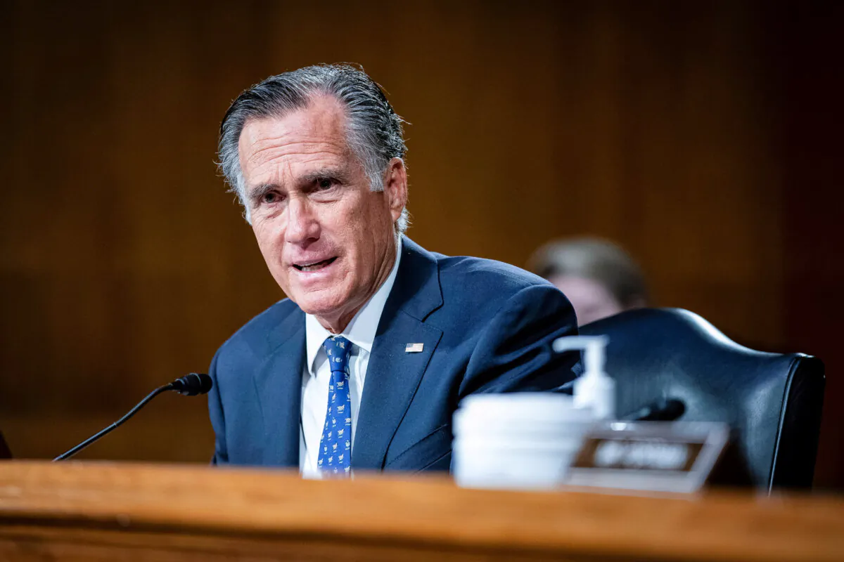 Sen. Mitt Romney (R-Utah) speaks during a hearing in Washington on April 26, 2022. (Al Drago-Pool/Getty Images)