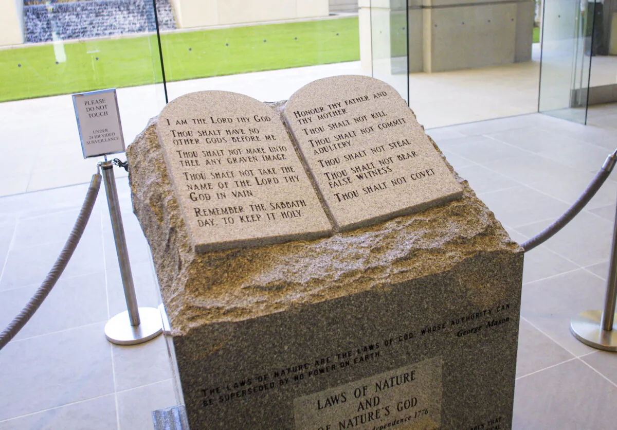 A Ten Commandments memorial rests in the lobby of the rotunda of the State Judicial Building in Montgomery, Ala., in 2022. (Gary Tramontina/Getty Images)