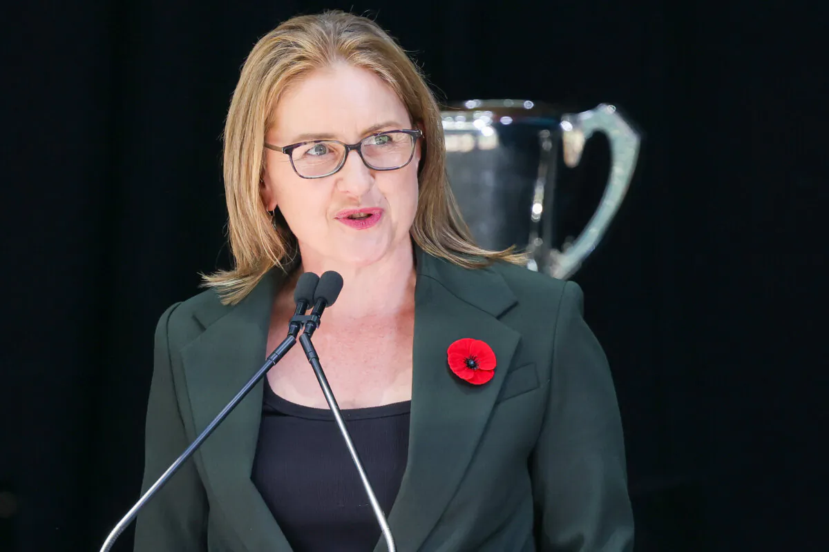 Premier of Victoria Jacinta Allan speaks during the Victoria State Memorial Service Held For Ron Barassi AM at Melbourne Cricket Ground in Melbourne, Australia on Nov. 10, 2023. (Asanka Ratnayake/Getty Images)
