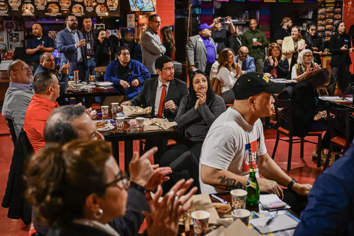 Attendees listen to local political candidates speak during a small business breakfast event with the Latin Chamber of Commerce, in Las Vegas, on Feb. 2, 2024. (Patrick T. Fallon/AFP via Getty Images)