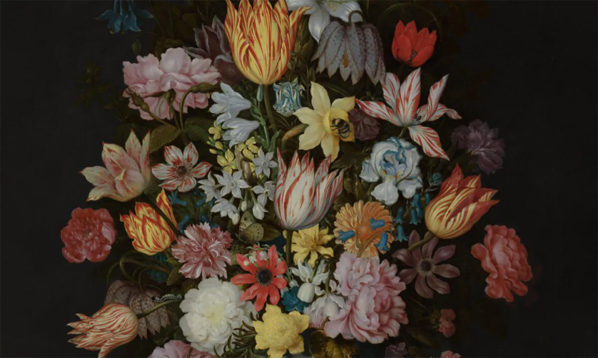 A detail section of flowers from "A Still Life of Flowers in a Wan-Li Vase" by Ambrosius Bosschaert the Elder. (Public Domain)