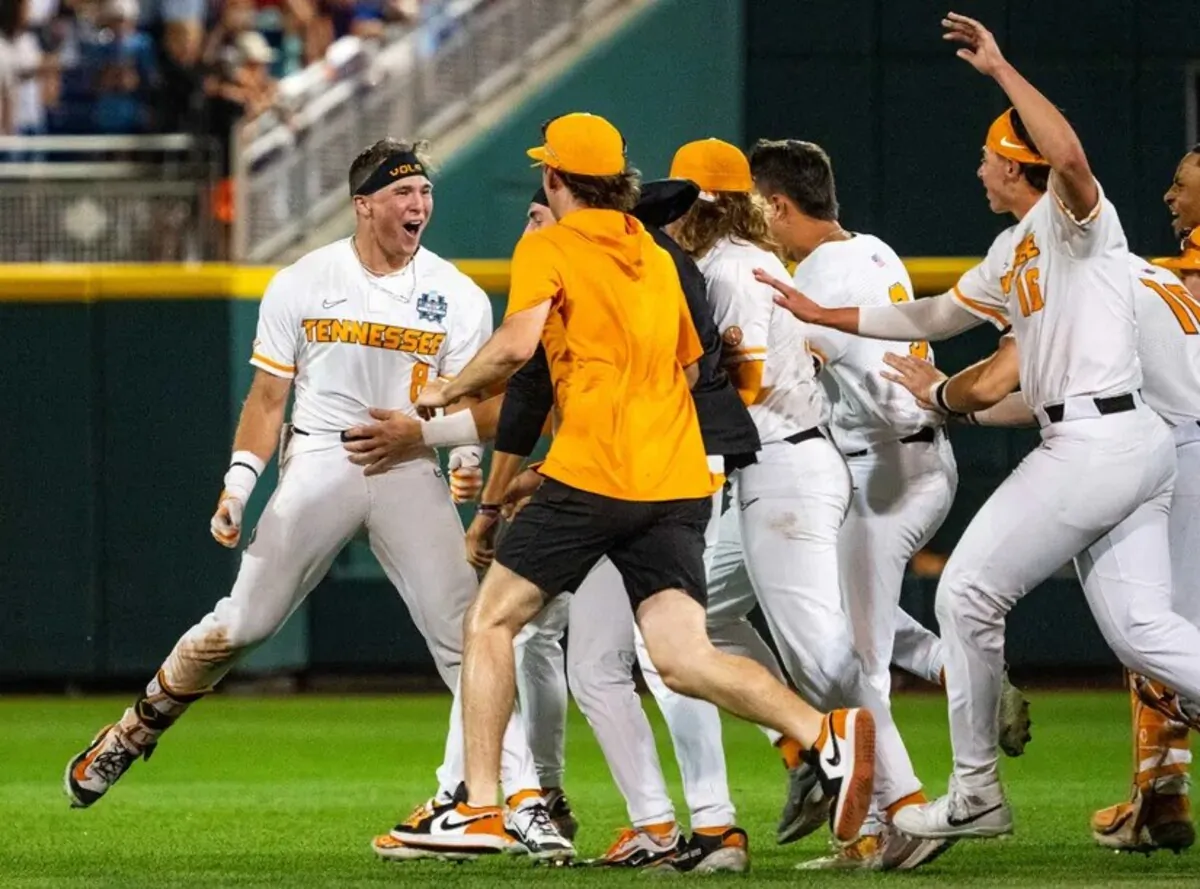 June 14: The Tennessee Volunteers celebrate after a walk-off single by Dylan Dreiling (8) against Florida State. Tennessee won the game, 12-11. (Dylan Widger, USA TODAY Sports)