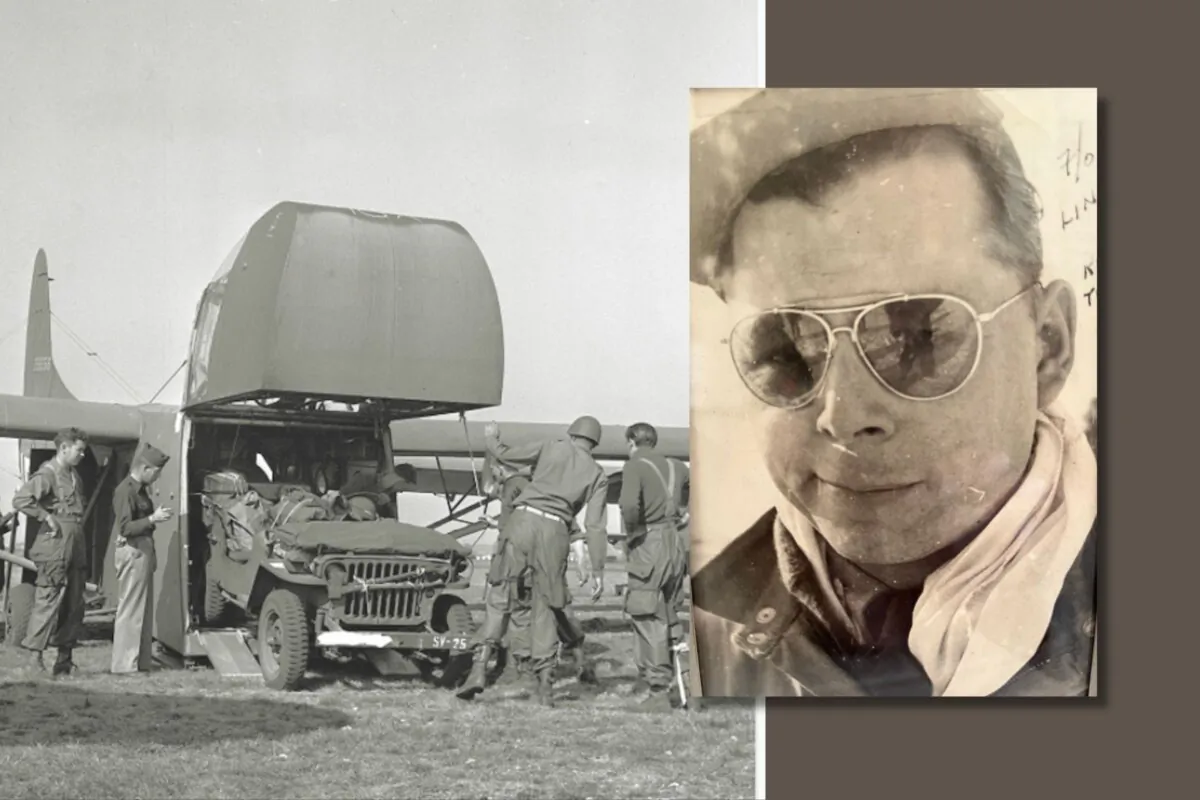 An American CG-4A glider containing a jeep full of supplies. Inset: the author Alana Lindberg Jolley's father. (Courtesy of Alana Lindberg Jolley)
