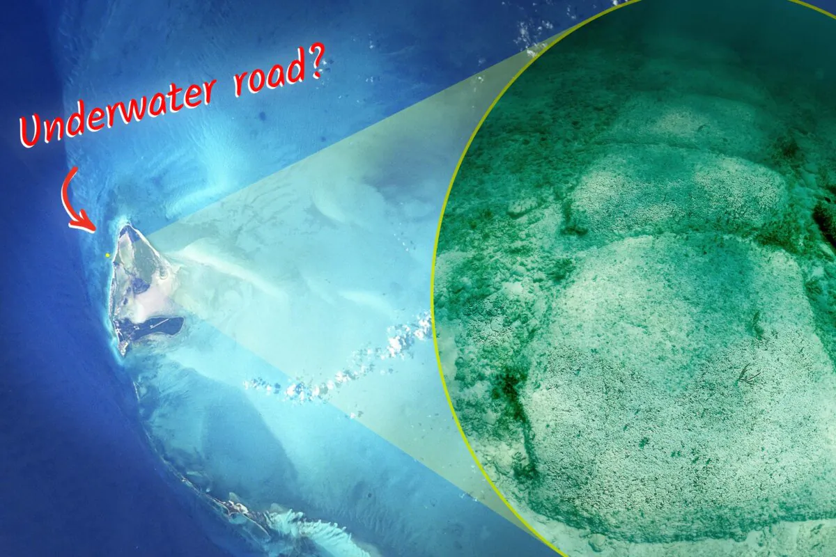 A satellite view of Bimini (Public Domain); (Inset) Bimini Road. (Shutterstock)