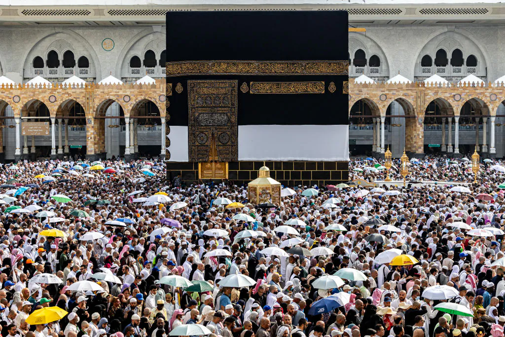 Muslim pilgrims perform the farewell circumambulation or "tawaf", circling seven times around the Kaaba, Islam's holiest shrine, at the Grand Mosque in the holy city of Mecca on June 18, 2024. (AFP via Getty Images)