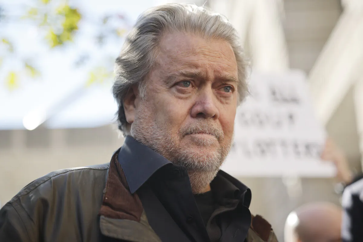 Steve Bannon speaks to reporters in Washington on Oct. 21, 2022. (Chip Somodevilla/Getty Images)