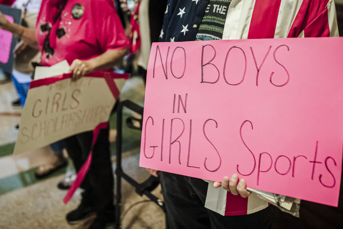 Demonstrators supporting female-only althetics and sports in schools gather at the Texas State Capitol in Austin on Sept. 20, 2021. (Tamir Kalifa/Getty Images)