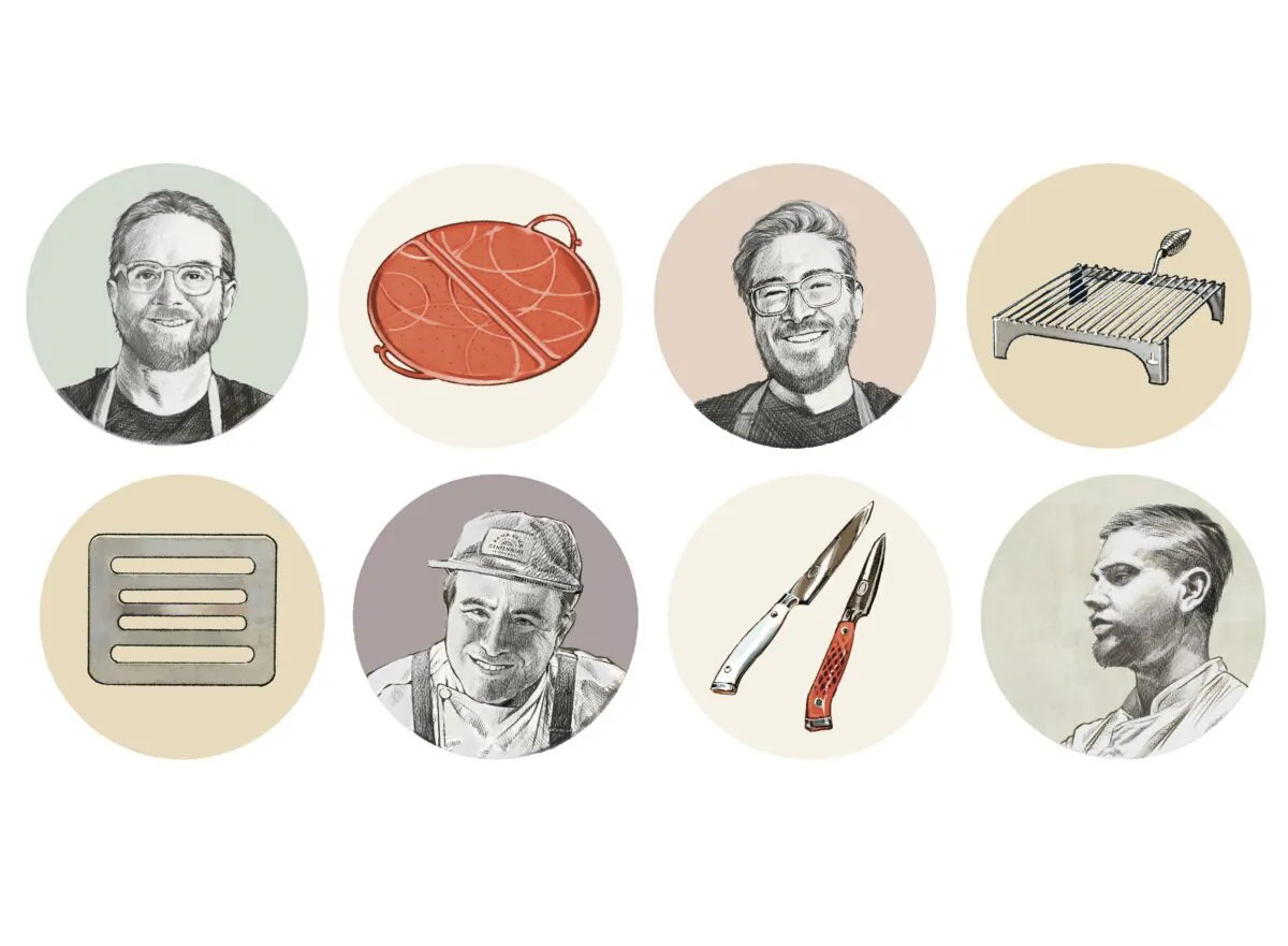 Clockwise from top L: chef Daniel Jacobs and his recommended Kuhn Rikon Foldable Splatter Guard; chef Tyler Fenton, the Demant Hand Grill; chef Brian de Souza, the Korin Nenohi Nenox Corian Petty 5.9" knife; chef Daniel Serfer, The Chef’s Press. (Illustrations by Oriana Zhang/The Epoch Times)