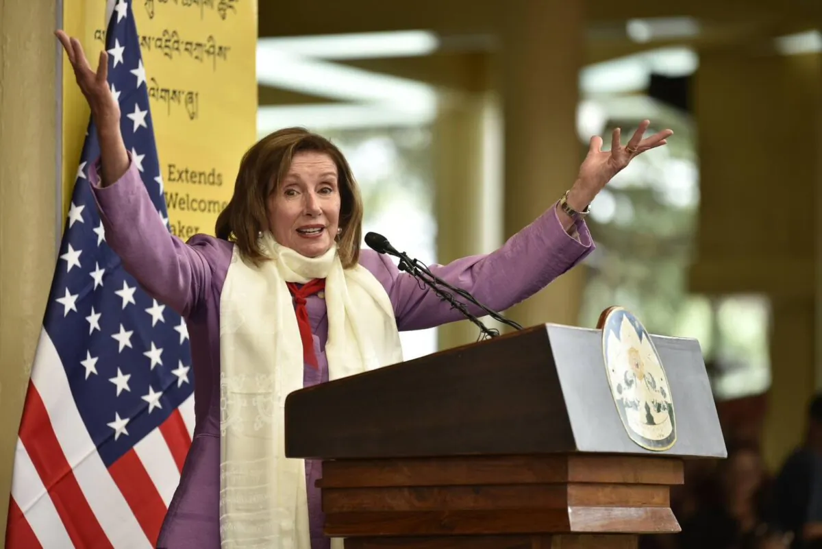 Former U.S. House Speaker Nancy Pelosi speaks at a public meeting organized by the Central Tibetan Administration, during the visit of a U.S. Congressional delegation to the Dalai Lama, in Dharamshala, India, on June 18, 2024. (Central Tibetan Administration)