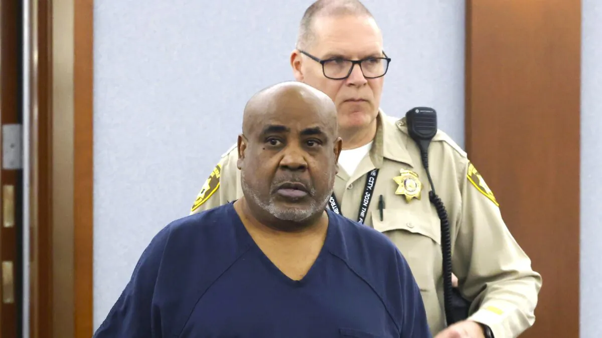Duane "Keffe D" Davis, who is accused of orchestrating the 1996 slaying of hip-hop icon Tupac Shakur, is led into the courtroom during a status hearing at the Regional Justice Center, in Las Vegas, on April 23, 2024. (Bizuayehu Tesfaye/Las Vegas Review-Journal via AP)