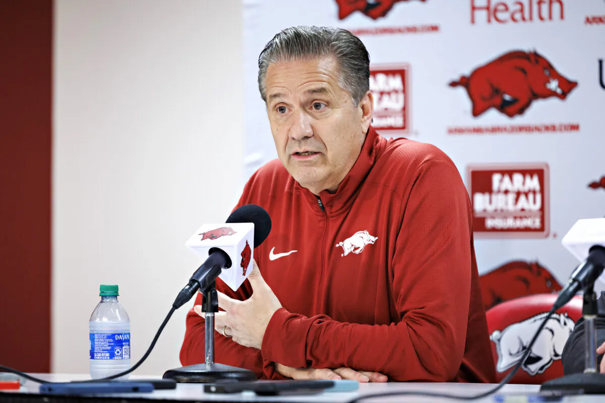 New Arkansas Razorbacks basketball head coach John Calipari holds his first news conference after his introduction at Bud Walton Arena in Fayetteville, Ark., on April 10, 2024. (Wesley Hitt/Getty Images)