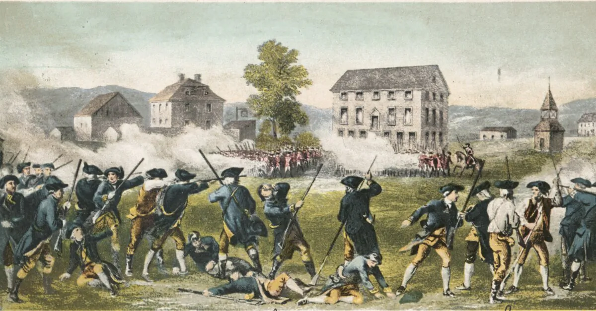 A postcard depicting the Battle of Lexington in Lexington, Mass., painted in the late 19th century. (Public Domain)