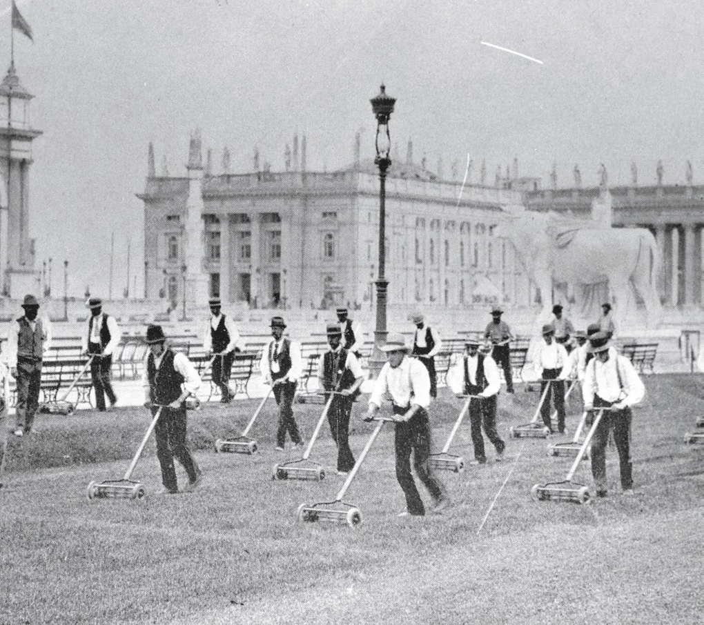 Elwood McGuire organized a choreographed lawn mower presentation at the Chicago World’s Fair in 1893. (Wayne County Historical Museum)