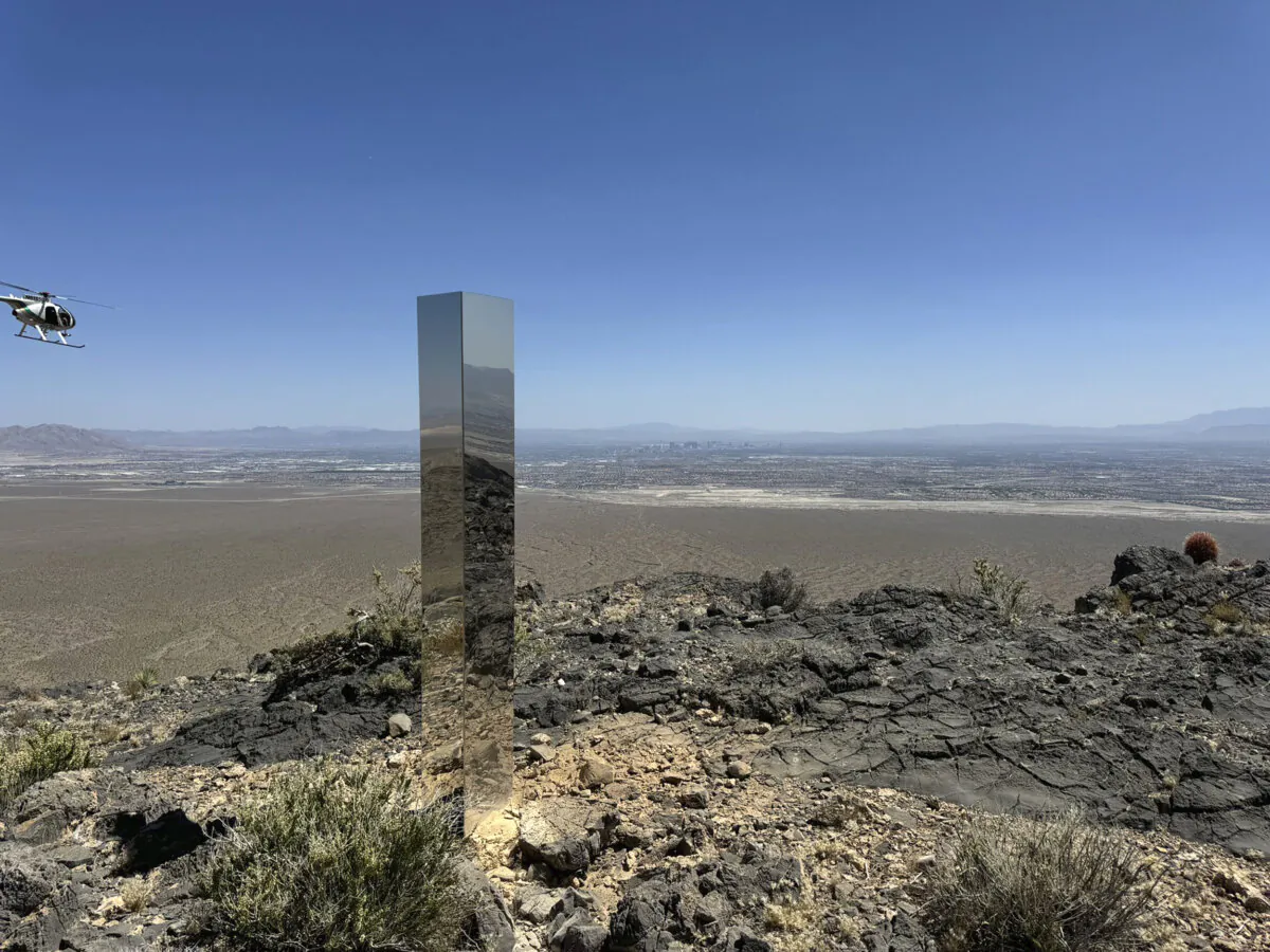The mysterious Monolith in Gass Peak, Nev., on June 20, 2024, before it was removed. (Las Vegas Metropolitan Police Department via AP)