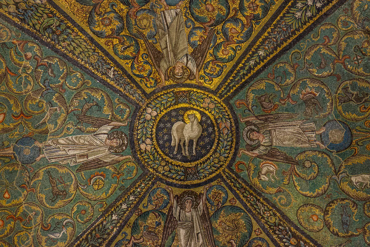 “The Lamb of God,” a sixth-century Byzantine mosaic, on the dome of the presbytery at the Basilica of San Vitale in Ravenna, Italy. (Katarzyna Uroda/Shutterstock)