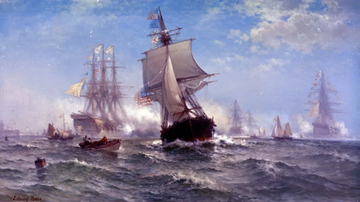 “First Recognition
of the American
Flag by a Foreign
Government, 14
February 1778” by
Edward Moran, 1898.
Oil on canvas. U.S.
Naval Academy
Museum, Annapolis,
Md. (Public Domain)