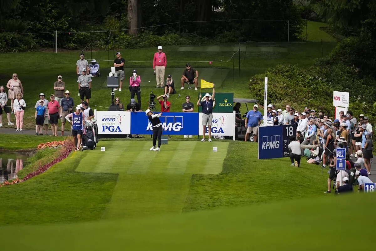 Amy Yang, of South Korea, hits tee shot at the 18th during the third round of the Women's PGA Championship golf tournament in Sammamish, Wash., on June 22, 2024 (Gerald Herbert/AP Photo)