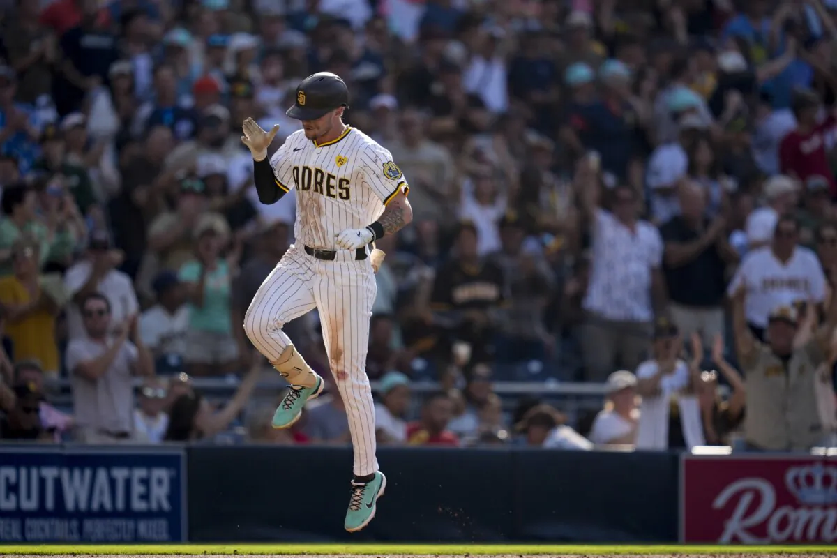 San Diego Padres' Jackson Merrill celebrates after hitting a three-run home run during the fourth inning of a baseball game against the Milwaukee Brewers in San Diego on June 22, 2024. (Gregory Bull/AP Photo)