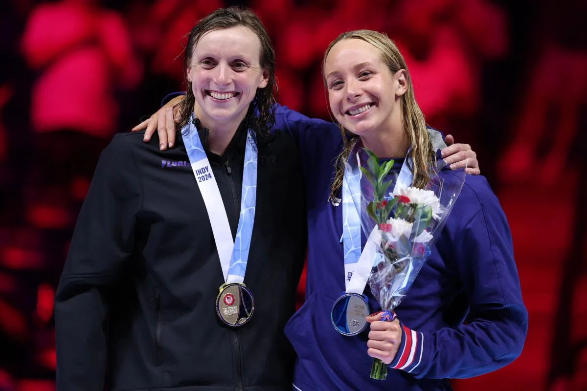 Katie Ledecky (L) and Paige Madden of the United States looks on during the medal ceremony for the Women's 800m freestyle final on Day Eight of the 2024 U.S. Olympic Team Swimming Trials in Indianapolis on June 22, 2024. (Al Bello/Getty Images)