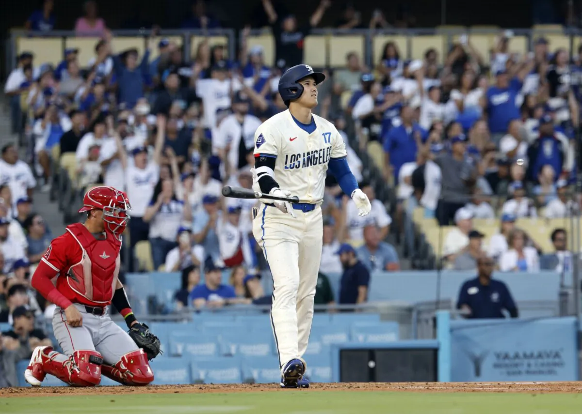 Designated hitter Shohei Ohtani (17) of the Los Angeles Dodgers hits a two run homer un to score Cavan Biggio (6) against starting pitcher Zach Plesac(34) of the Los Angeles Angels during the third inning  at Dodger Stadium in Los Angeles on June 22, 2024. (Kevork Djansezian/Getty Images)