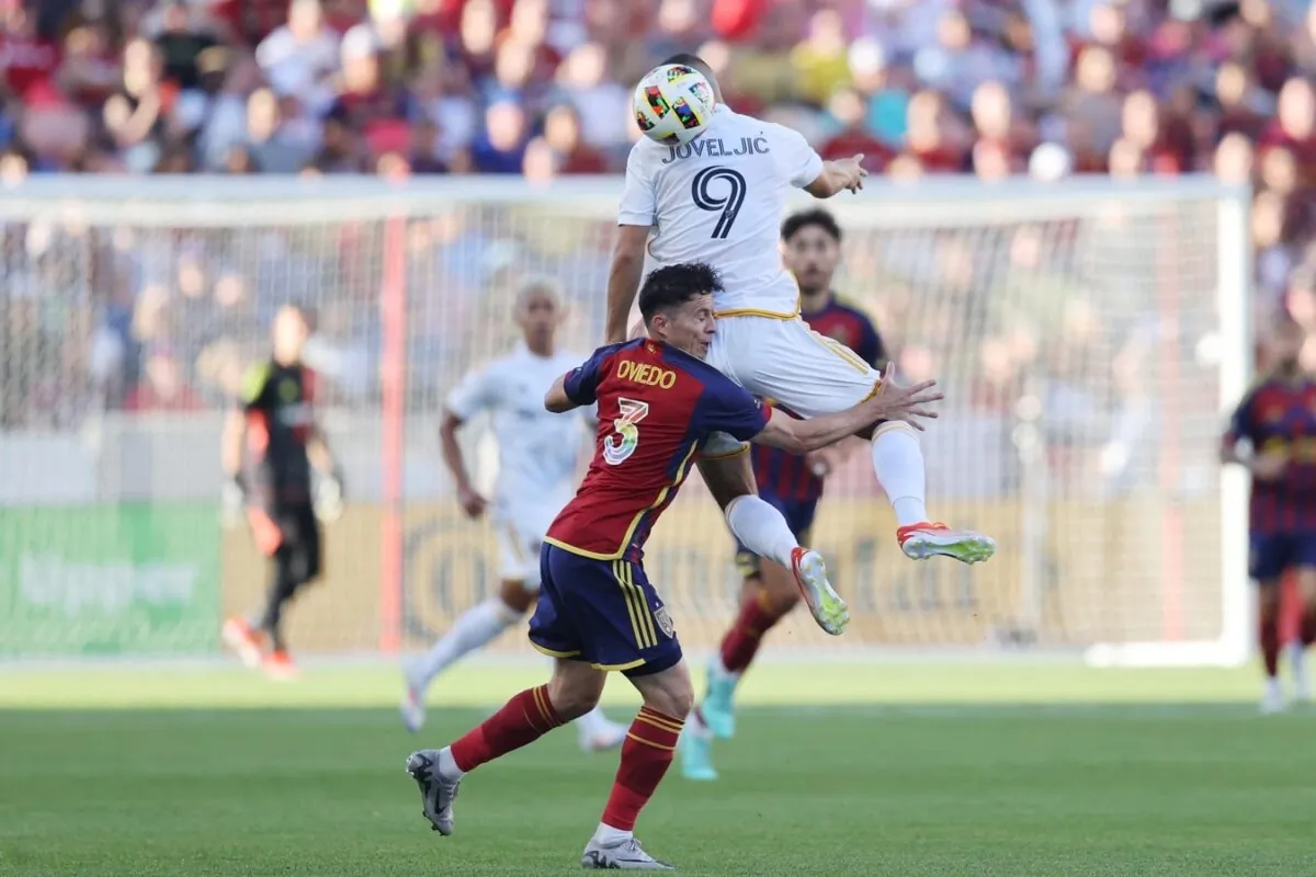 Real Salt Lake defender Bryan Oviedo (3) and LA Galaxy forward Dejan Joveljic (9) collide during the first half in Sandy, Utah on Jun 22, 2024. (Rob Gray/USA TODAY Sports via Field Level Media)