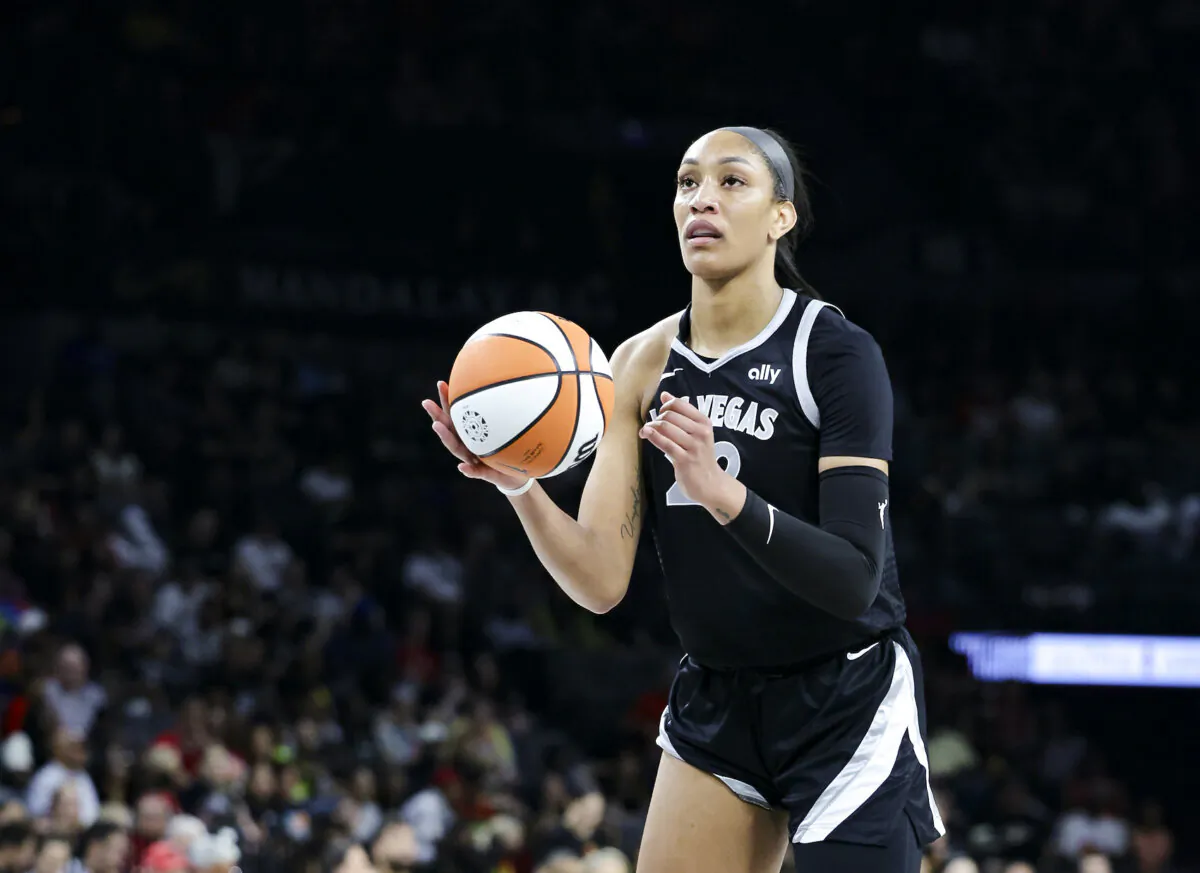 A'ja Wilson #22 of the Las Vegas Aces shoots a free throw against the Seattle Storm in the first quarter of their game at Michelob ULTRA Arena in Las Vegas, Nev., on June 19, 2024. (Ethan Miller/Getty Images)