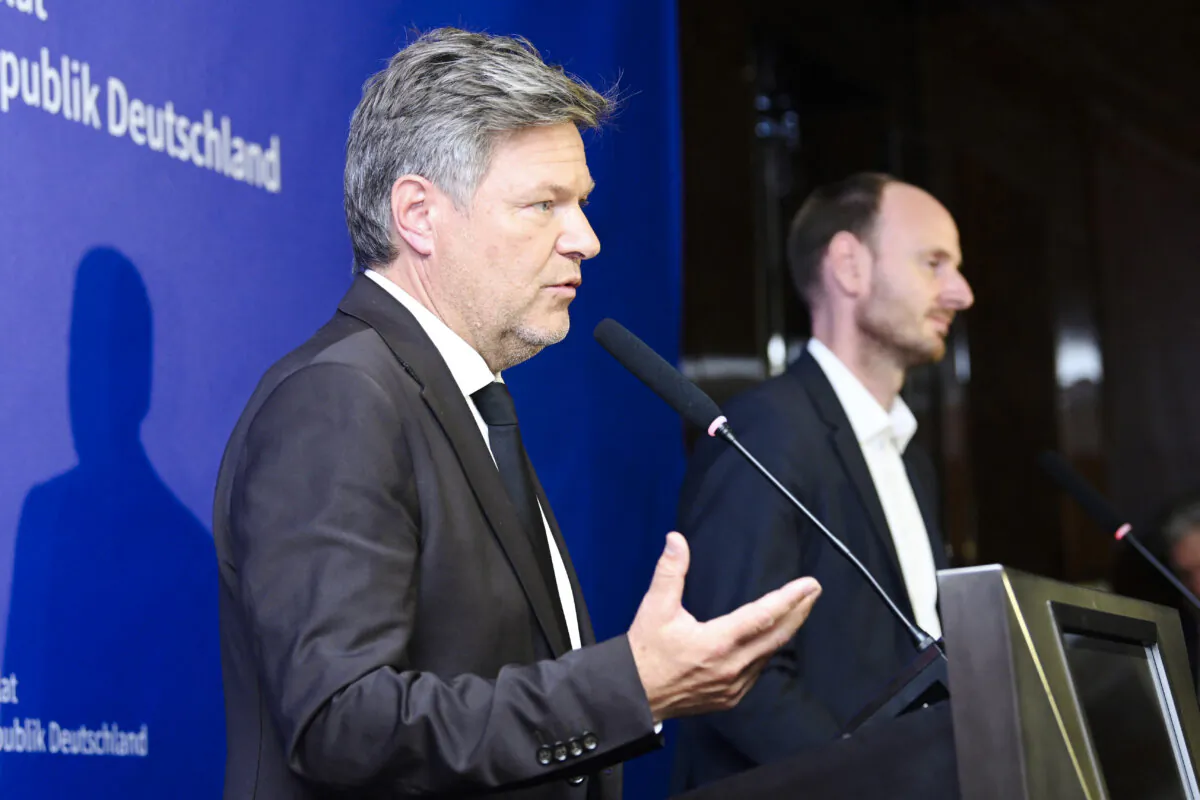 German Vice Chancellor Robert Habeck (L) speaks at a news conference in Shanghai on June 22, 2024. (STR/AFP via Getty Images)