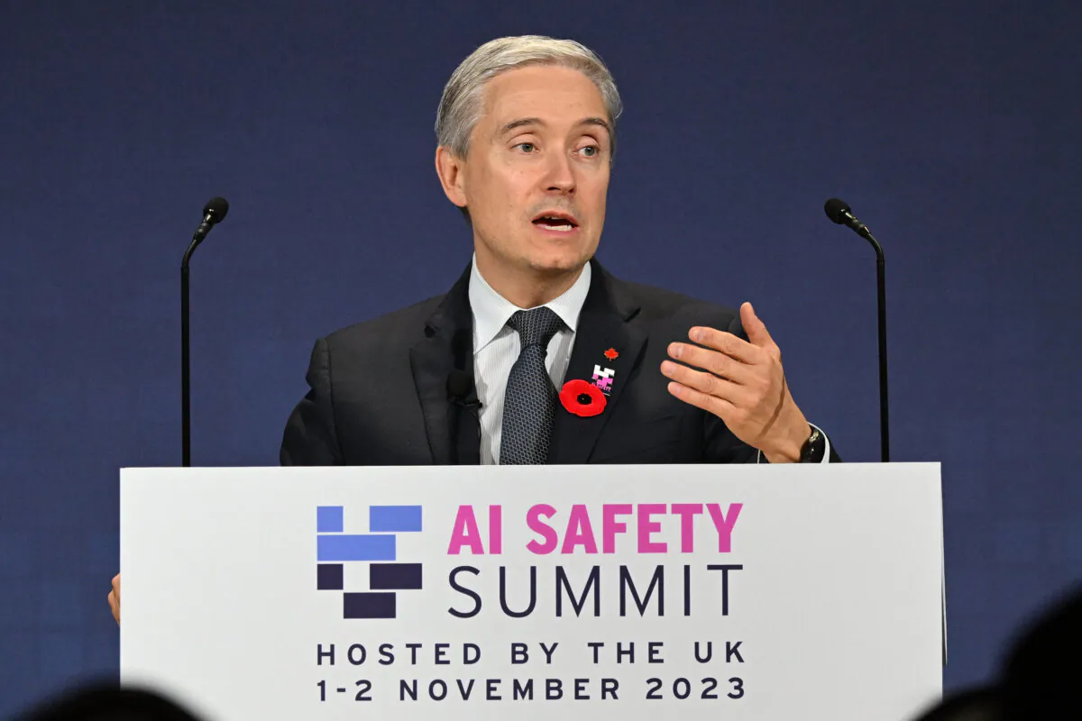 Canadian Innovation Minister François-Philippe Champagne speaks at the AI Safety Summit in Bletchley, England, on Nov. 1, 2023. (Leon Neal/Getty Images)