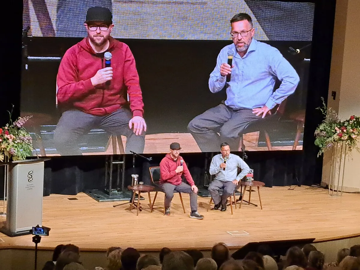Social media content creators Clyde Nichols and Martin Belanger speak at the Reclaiming Canada Conference in Victoria, B.C., on June 22, 2024. (Jeff Sandes/The Epoch Times)