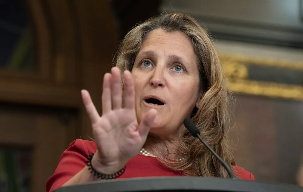 Finance Minister Chrystia Freeland speaks with reporters in the Foyer of the House of Commons, in Ottawa, on June 19, 2024. (The Canadian Press/Adrian Wyld)