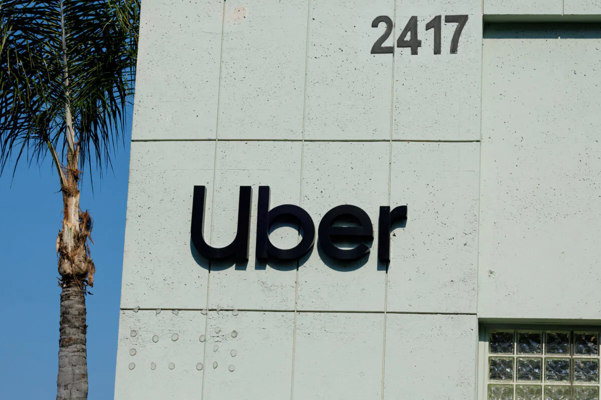 The Uber logo is shown on a building in Los Angeles on Feb. 14, 2024. (Mike Blake/Reuters)