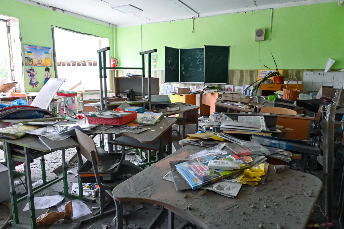 A destroyed school in Verbivka, recently recaptured from Russia by the Ukrainian army in a lightning counter-offensive, in eastern Ukraine, on Sept. 15, 2022. (Sergey Bobok/AFP via Getty Images)