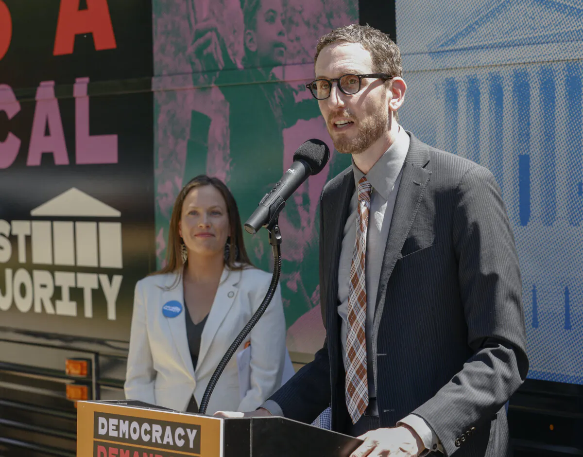 California state Sen. Scott Wiener speaks at a "Just Majority" nationwide bus tour press conference to call for reforms to the U.S. Supreme Court on May 16, 2023, in Sacramento, Calif. (Kimberly White/Getty Images for Demand Justice)