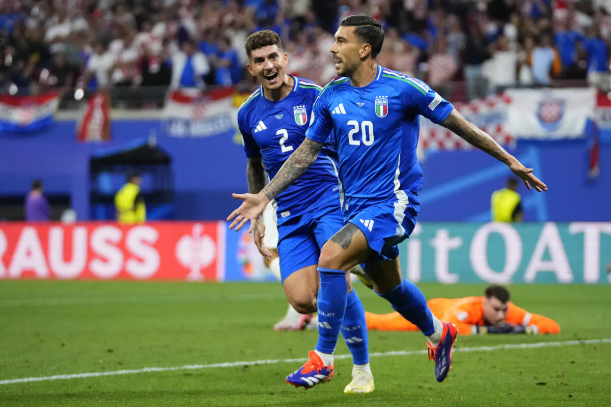 Italy's Mattia Zaccagni celebrates after scoring during a Group B match between Croatia and Italy at the Euro 2024 soccer tournament in Leipzig, Germany, on June 24, 2024. (Petr David Josek/AP Photo)