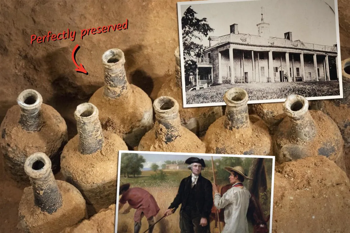 Bottles found in the cellar of George Washington's Mount Vernon estate in May; (Inset) George Washington's Mount Vernon estate (top) and the painting "Washington as Farmer at Mount Vernon" by Junius Brutus Stearns. (Illustration by The Epoch Times, Public Domain, Courtesy of Mount Vernon Ladies’ Association (MVLA))