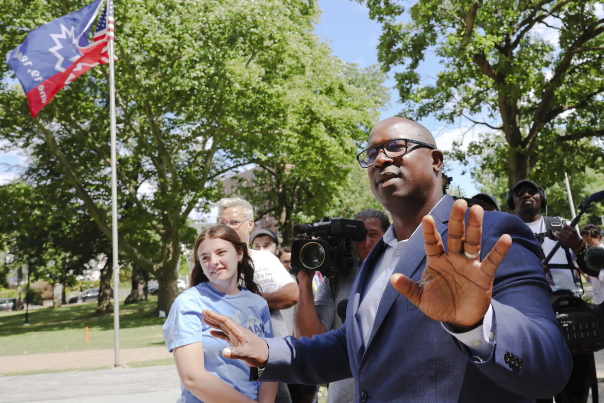 Rep. Jamaal Bowman (D-N.Y.) greets campaign volunteers as he arrives for a "Get Out the Vote" campaign event at Hartley Park in Mount Vernon, N.Y., on June 24, 2024. (Michael M. Santiago/Getty Images)