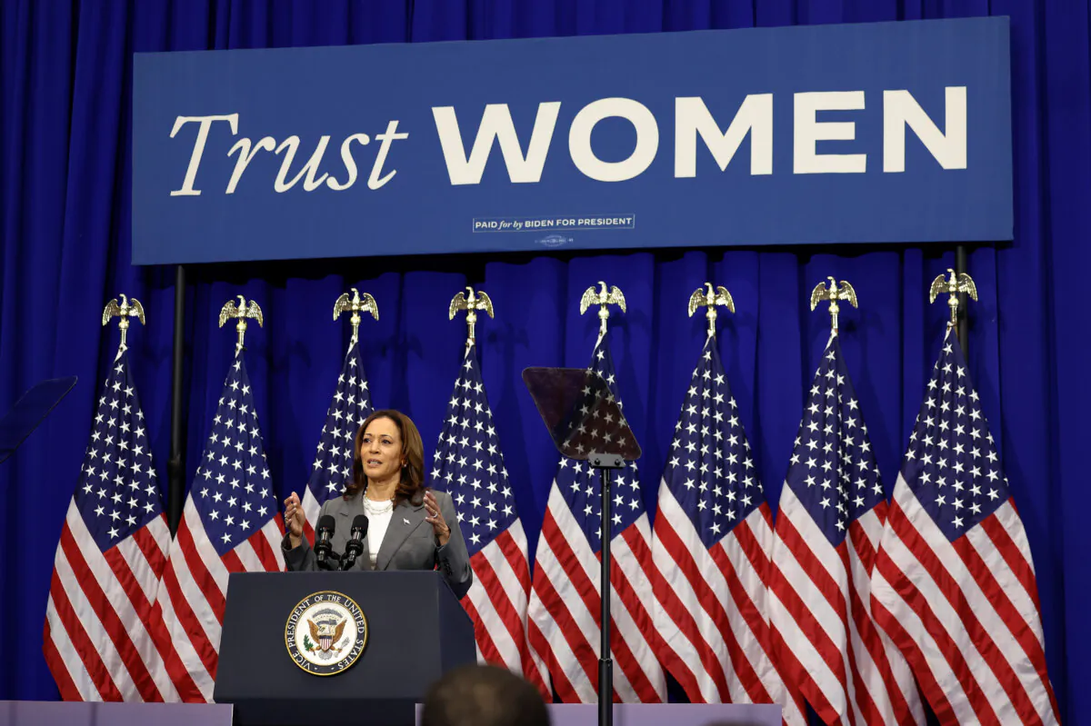 Vice President Kamala Harris marks the anniversary of the Supreme Court's Dobbs v. Jackson Women's Health Organization ruling in 2022 that overturned Roe v. Wade, at Ritchie Coliseum on the University of Maryland campus in College Park, Md., on June 24, 2024. (Kevin Dietsch/Getty Images)